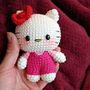Cute White and Pink Crochet Cat Plush
